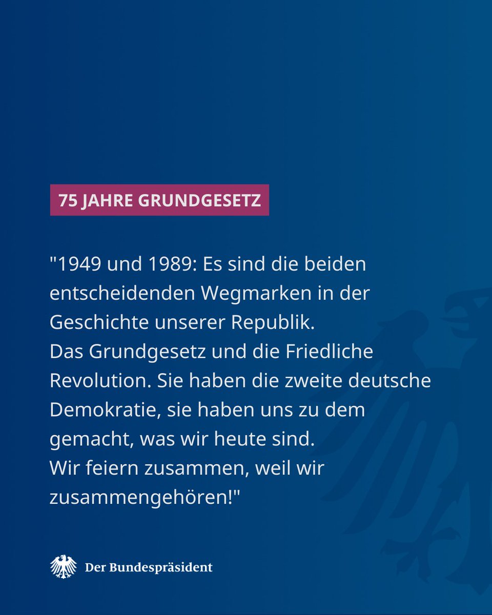 75 Jahre #Grundgesetz, 35 Jahre Friedliche Revolution: "Beide haben uns zu dem gemacht, was wir heute sind." In seiner Rede beim heutigen #Staatsakt beleuchtet Bundespräsident #Steinmeier die Bedeutung der beiden entscheidenden Wegmarken der Bundesrepublik. #75JahreGG