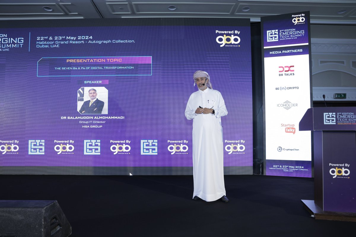 emerging_tech_'s tweet photo. Dr. Salahuddin Almohammadi, Group IT Director of HSA Group, delivered an engaging session titled "The Seven Bs &amp; Ps of Digital Transformation." With expert insight, he outlined essential elements driving digital transformation. 

#2ndemergingtechsummit2024 #ETS2024 #2ndETS2024 https://t.co/22QKVIm3q5