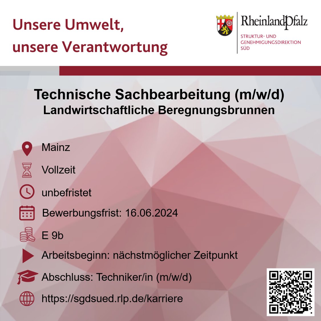 🌿Unsere Umwelt, unsere Verantwortung🌿
s.rlp.de/VtoaC
#Karriere #Jobs #Stellenangebot #DualesStudium
#Umweltbehörde #Immissionsschutz #Windenergie #Gewässergüte #Bodenschutz #Naturschutz
Verstärken Sie das Team von <a href="/HannesKopf/">Hannes Kopf</a>