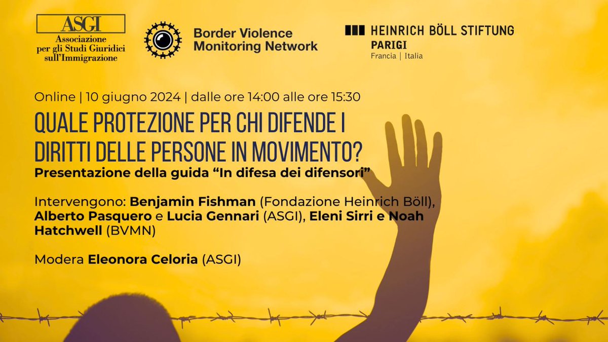 #10giugno 🗓️ Webinar 14 - 15.30 promosso da @asgi_it e @Border_Violence col sostegno di @boell_fr_it 🆘Quali sfide incontra oggi chi difende i diritti dei migranti? Confronto e presentazione della guida sulle possibili difese dalla criminalizzazione. 🔗asgi.it/discriminazion…