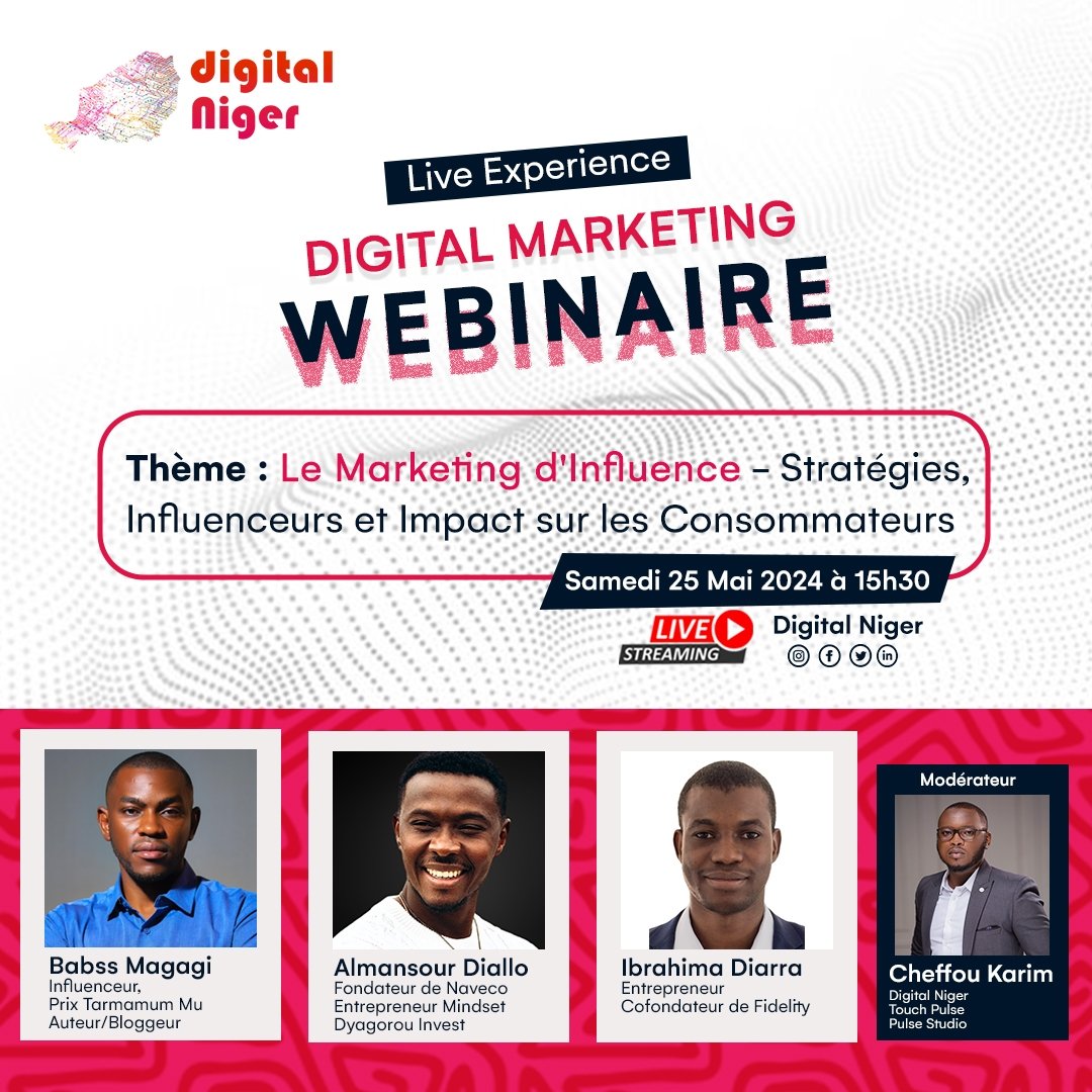 DigitalNiger's tweet photo. 🚀 [Webinaire]

Marketing d'Influence : vers du business d'influence avec des experts ! 

𝐐𝐮𝐞𝐥𝐬 𝐬𝐨𝐧𝐭 𝐥𝐞𝐬 𝐭𝐞𝐧𝐝𝐚𝐧𝐜𝐞𝐬 𝐝𝐮 𝐦𝐚𝐫𝐤𝐞𝐭𝐢𝐧𝐠 𝐝'𝐈𝐧𝐟𝐥𝐮𝐞𝐧𝐜𝐞 ?

🤖 Stratégie - Impact - Opportunités

📆 Samedi 25/05
⏰ 15:30
🧲 Nos réseaux sociaux https://t.co/SEP29t4LiL