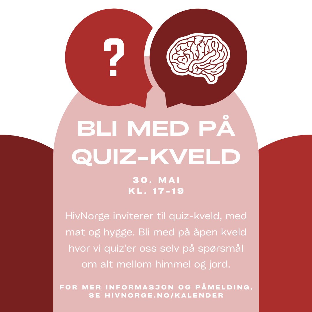 HivNorge inviterer til quiz-kveld torsdag 30. mai, med mat og hygge. Bli med på åpen kveld hvor vi quiz'er oss selv på spørsmål om alt mellom himmel og jord! Les mer og meld deg på her: hivnorge.no/kalender/bli-m…