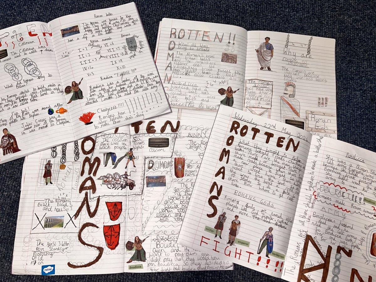 EndsleighHoly's tweet photo. Miss Gawthorpe is AMAZED by these fantastic double page spreads on the Romans! 🤩⭐️ #rottenromans #history #historyknowledge https://t.co/dlaRL6Fww1
