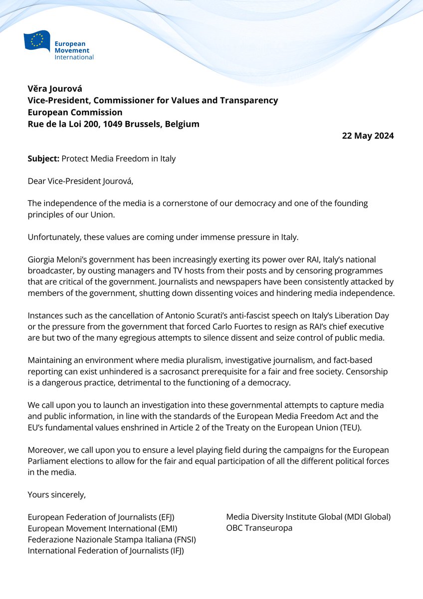 Dear <a href="/EU_Commission/">European Commission</a>, protect media freedom in Italy!   

Ahead of the #EUElections, the European Movement along with media &amp; journalists' orgs, urge <a href="/VeraJourova/">Věra Jourová</a> to investigate the Italian government's attempts to control media &amp; public information.

👉 bit.ly/3wOssOY