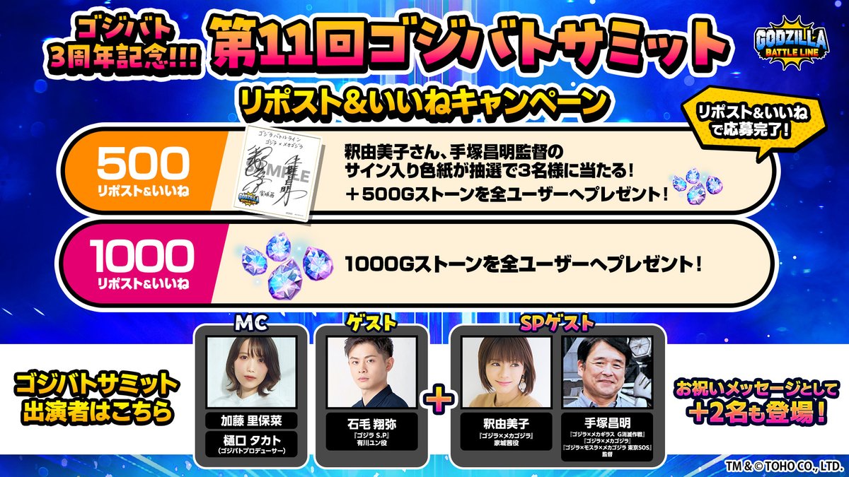 ゴジラバトルライン 公式(ゴジバト) (@gz_battleline) on Twitter photo 📢【第11回 #ゴジバトサミット】放送決定!📢
放送は【5/27(月)20:00】より生配信でお届け!✨
本投稿をRP&いいねして、Gストーンをゲットしよう!🎁
さらに、SPゲストで登場予定の釈由美子さん&手塚監督のサイン色紙を3名様にプレゼント!🎵
✅参加方法
① <a href="/Gz_battleline/">ゴジラバトルライン 公式(ゴジバト)</a> をフォロー
② 📢【第11回 #ゴジバトサミット】放送決定!📢
放送は【5/27(月)20:00】より生配信でお届け!✨
本投稿をRP&いいねして、Gストーンをゲットしよう!🎁
さらに、SPゲストで登場予定の釈由美子さん&手塚監督のサイン色紙を3名様にプレゼント!🎵
✅参加方法
① <a href="/Gz_battleline/">ゴジラバトルライン 公式(ゴジバト)</a> をフォロー
②