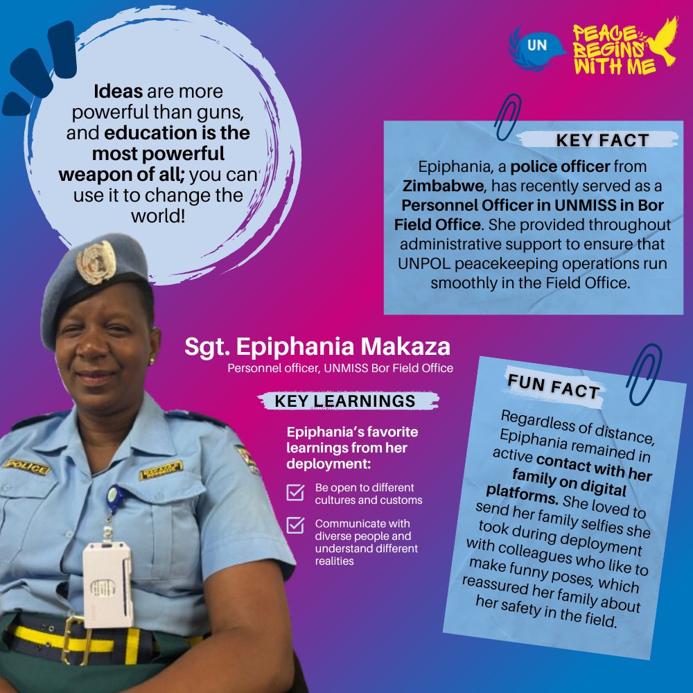 Meet Sgt. Epiphania Makaza 🇿🇼 who has been a police officer for 12 years and is now serving with @unmissmedia. As a Personnel Officer, she manages the database of all personnel & performs administrative duties, ensuring smooth operations. #PKDay #WomenPeaceSecurity @zimbabwe_un