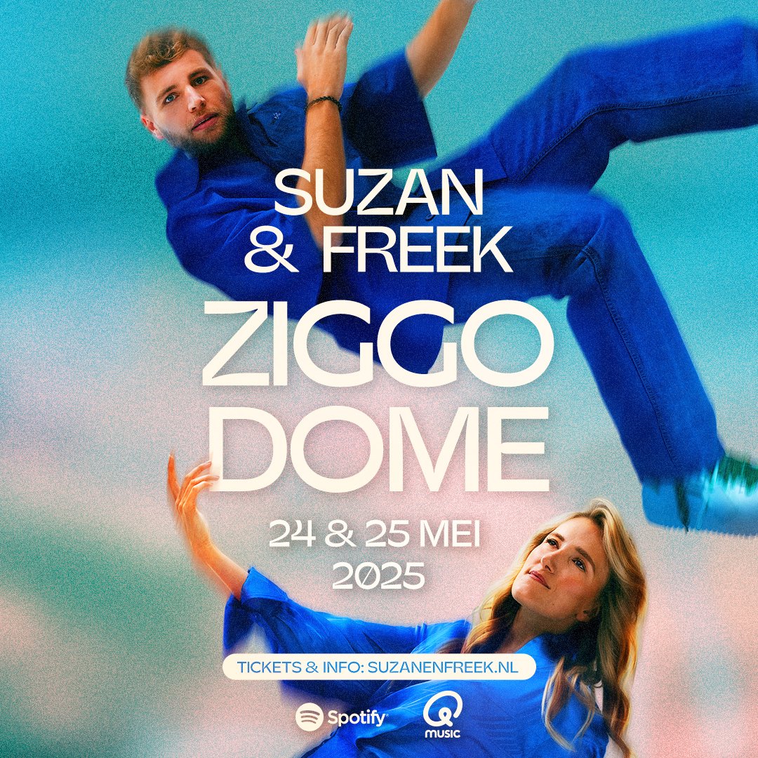 Goud nieuws✨ Op 24  &amp; 25 mei 2025 keren Suzan &amp; Freek terug naar de #ZiggoDome🤩 Even ‘Tussen Jou &amp; Mij’, wij kunnen nu al niet meer wachten om ze live te horen 🎤 Wie mag dit concert niet missen? 🎶 De kaartverkoop start 25 mei om 10 uur 🎫 Meer info 👉bit.ly/ZD-SF25-24