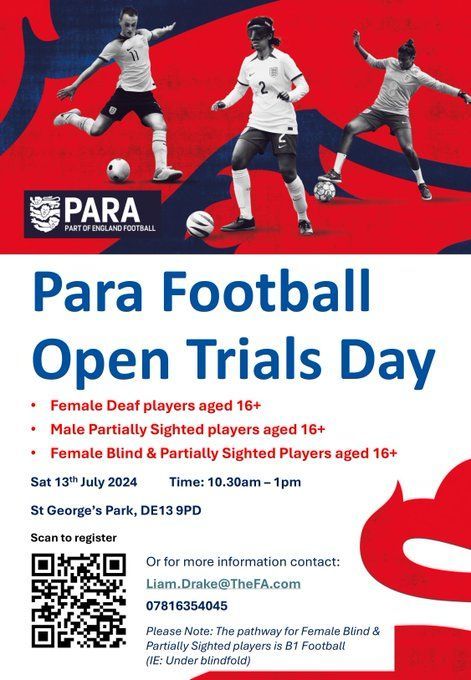 Do you, or someone you know, qualify for one of these Para pathways? ⚽ Deaf Women ⚽ Partially Sighted Men ⚽ Blind Women Sign up for the Para Football Open Trials Day at St George’s Park on Sat 13th July. 🗓️ ➡️ forms.office.com/e/6nn7HfT0aJ