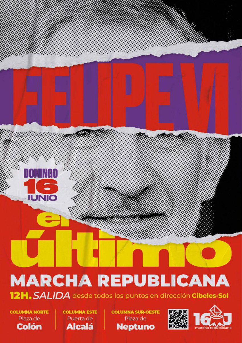 #MarchaRepublicana16J Recorrido de la Marcha republicana el 16 de junio en Madrid. Habrá 3 columnas que saldrán en dirección Cibeles-Sol a las 12h desde los siguientes puntos: - Colón (norte) - Puerta de Alcalá (este) - Neptuno (sur y oeste) #FelipeVIElÚltimo ✊🇵🇸❤️💛💜🇵🇸✊