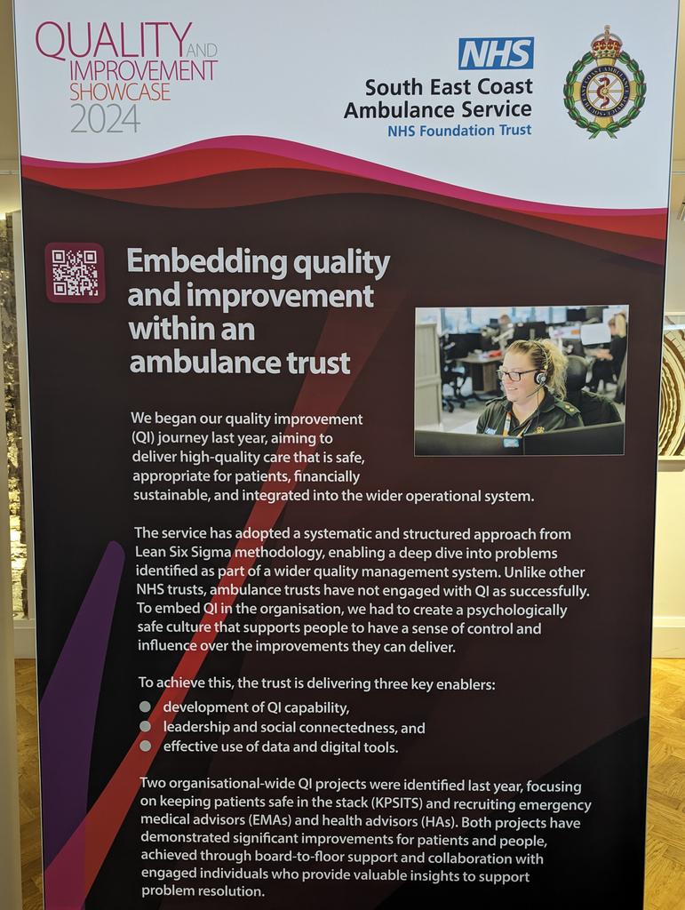 Come and say hi to us 👋 at the @NHSProviders QI showcase today & hear all about our work at @SECAmbulance #Quality24 #QI #ContinuousImprovement