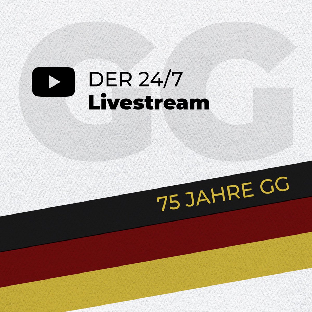 75 Jahre #Grundgesetz! 🇩🇪 Wenn das kein Grund zum Feiern ist! 🥳

Das Grundgesetz ist immer für Dich da. 🫂 24 Stunden am Tag. 7 Tage die Woche. 365 Tage im Jahr.

Wir haben einen 24/7-Livestream eingerichtet. Hier kann man ab jetzt zu jeder Tages- und Nachtzeit einfach mal in