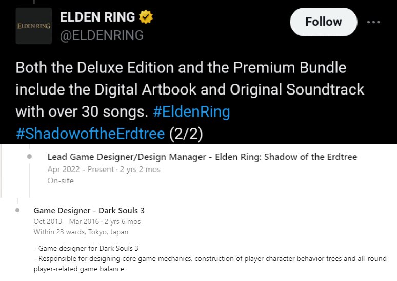 Elden Ring DLC

>DLC HAS OVER 30 SOUNDTRACKS, base game had 67
>They have been working on the DLC for as long as Dark souls 3's development
>Dark souls 3 game designer is also lead game designer of Elden ring DLC