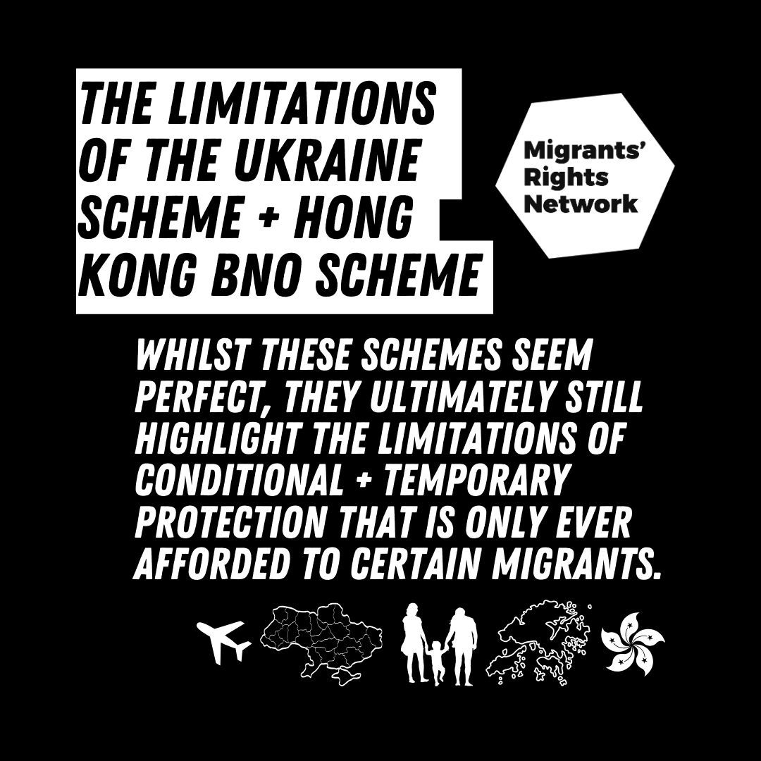 The #Ukraine + #HongKong #BNO don't offer the protections associated with refugee status, + highlight the limitations of temporary + conditional protection that is only ever afforded to certain migrants. Read more: buff.ly/4bGygJe #HostileOffice #SafeRoutesForAll