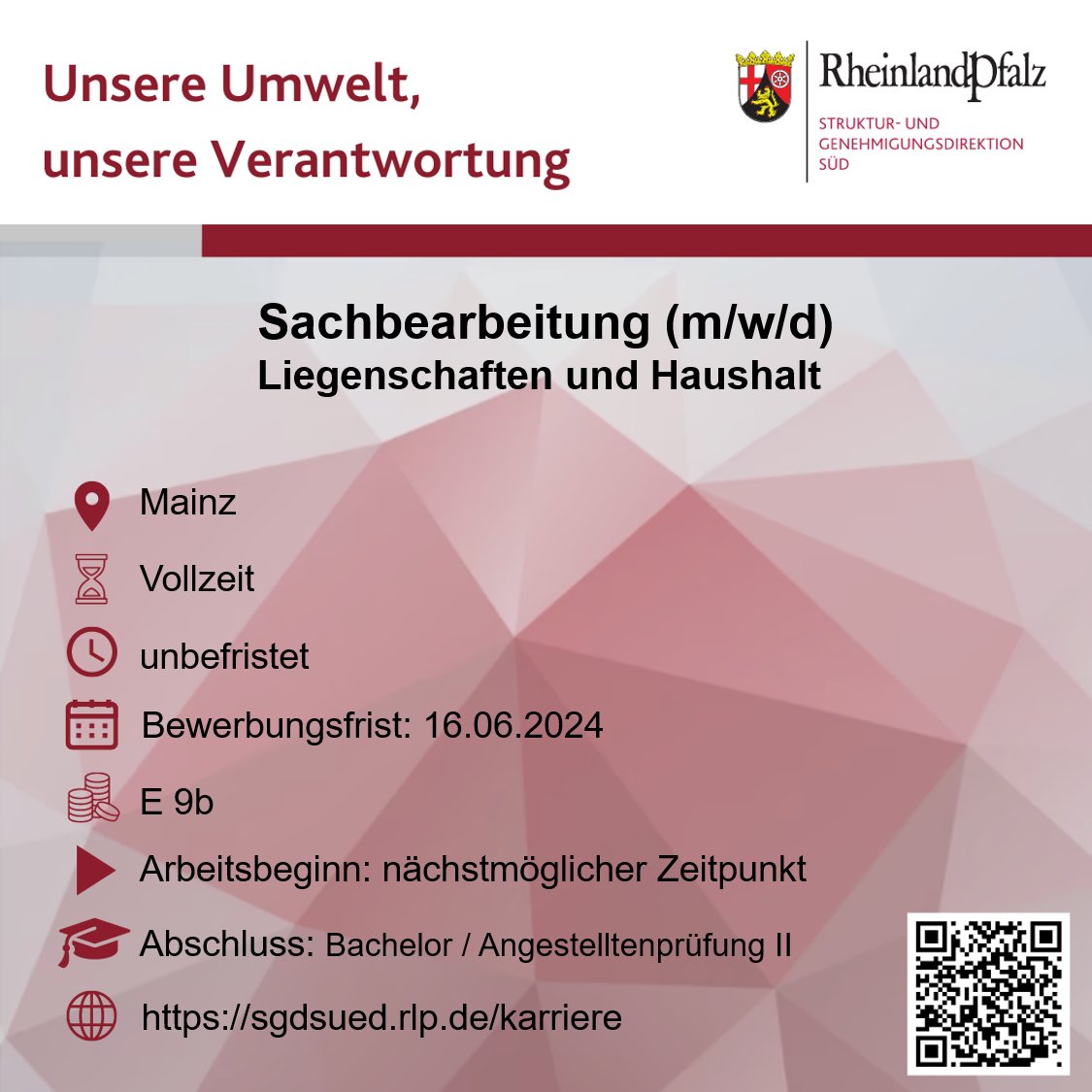 🌿Unsere Umwelt, unsere Verantwortung🌿
s.rlp.de/VtoaC
#Karriere #Jobs #Stellenangebot #DualesStudium
#Umweltbehörde #Immissionsschutz #Windenergie #Gewässergüte #Bodenschutz #Naturschutz
Verstärken Sie das Team von Präsident Prof. Dr. <a href="/HannesKopf/">Hannes Kopf</a>