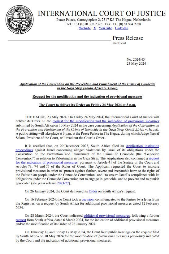 PRESS RELEASE: tomorrow at 3 p.m. (The Hague), the #ICJ will deliver its Order on the request for the modification & the indication of provisional measures submitted by South Africa on 10 May 2024 in the case #SouthAfrica v. #Israel. Watch live on @UNWebTV tinyurl.com/d5tp9ue3