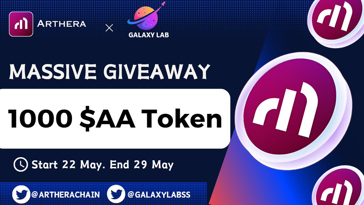 🥳 Galaxy lab x Artherachain #Giveaway

🎁 Prize Pool - 1000 $AA / 10 winners

To Enter:
✅ Follow @Artherachain &amp; <a href="/Galaxylabss/">Galaxy Labs Dao🧪</a>
✅ RT &amp; Tag 3 Friends
🎁 Claim your Gas Pass on Arthera to send, swap, mint without gas fees: 
faucet.arthera.net
🔗 Get more chance to WIN and