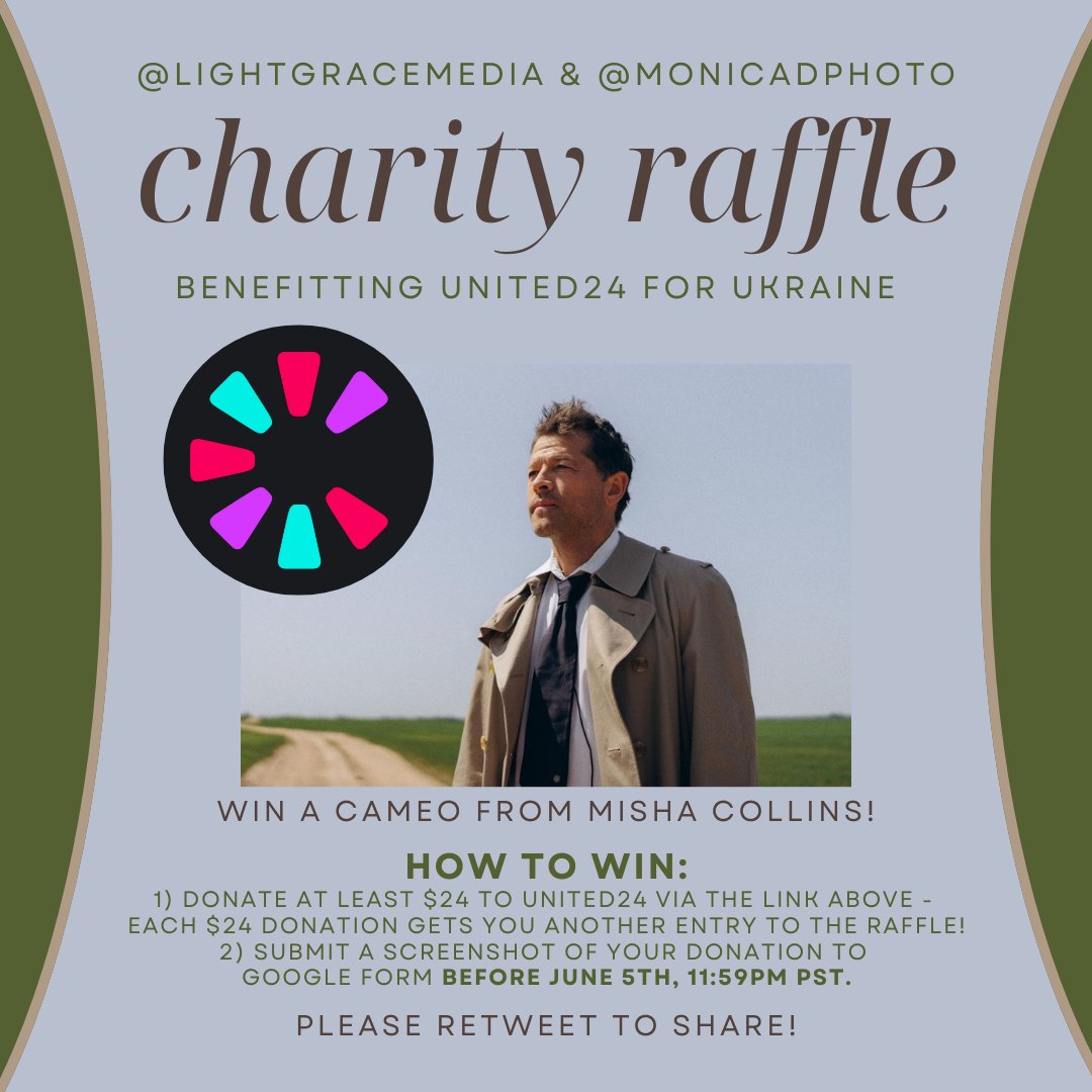 LightGraceMedia's tweet photo. .@MonicaDPhoto &amp; I are teaming up for a charity raffle benefitting Ukraine @U24_gov_ua - you could win a @BookCameo from @mishacollins!
TO WIN:
1) Donate at least $24 here: https://t.co/rAkmPNXYL8
2) Submit a pic of your donation receipt here by June 5th! https://t.co/WTdzDua37Q https://t.co/wdQpuFEadJ
