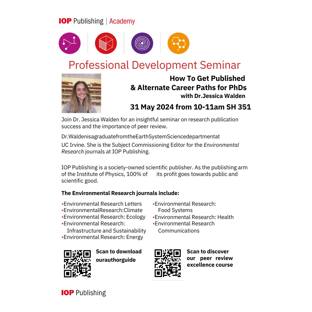 uciess's tweet image. Join Dr. Jessica Walden for a Professional Development Seminar!
🔍 How To Get Published &amp;amp; Alternate Career Paths for PhDs
🗓️ 31 May 2024
🕙 10-11am
📍 SH 351 
#uciess