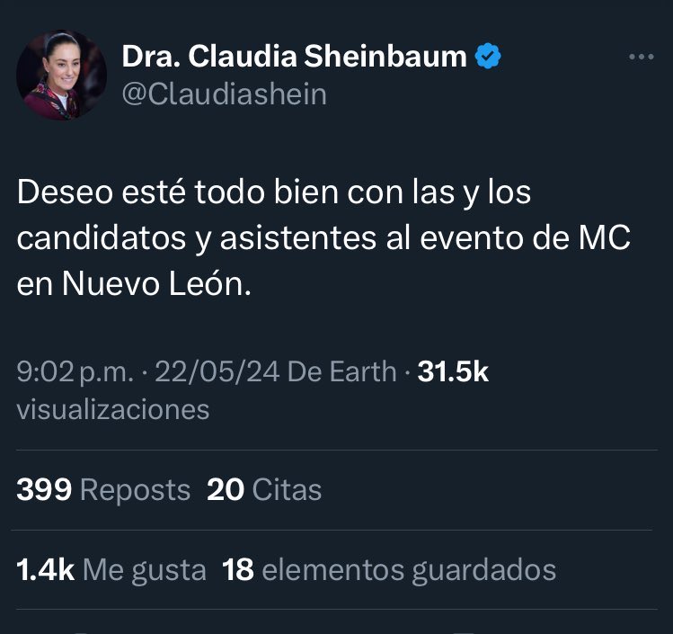 Este es el escueto mensaje de Claudia Sheinbaum ante la tragedia en Nuevo León, y eso que Máynez los apoya, ¿cómo sería si no? Se siente su frialdad en momentos en que no debería haber rival político.
