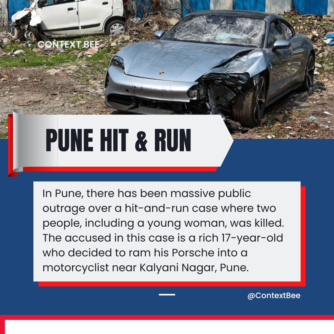 ContextBee's tweet photo. 1/4 The Pune Hit-And-Run case where a  17-yr-old decided to ram his Porsche into an oncoming motorist, killing two continues to raise headlines #hitandrun #Pune #crime #India https://t.co/RqA5pLBVB4