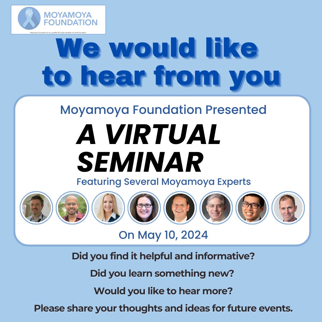 On May 10th we presented a virtual seminar, now we want to hear your feedback. Here is a link to the replay on our YouTube channel: youtu.be/K7NkccYmwO0?si… Please share your thoughts and ideas for future events?
#MoyamoyaFoundation #MoyamoyaAdvocacy #MoyamoyaResearch #RareDisease