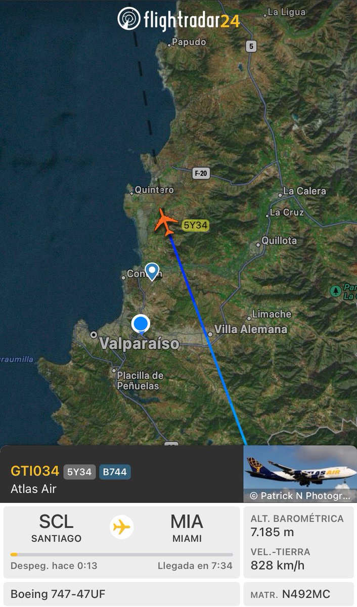 Para despejar dudas. A esta hora 23:59 pasa Boeing 747 de Atlas Air sobre el Gran Valparaíso, lo que se escucha no son truenos, sino que el poder de sus 4 motores.