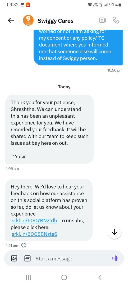 ShreshthaVerma7's tweet photo. @SwiggyCares That's how you responds in DM @Swiggy. You literally closed the conversation without addressing a serious security concern! @SwiggyCares https://t.co/7nAxNDIhYT