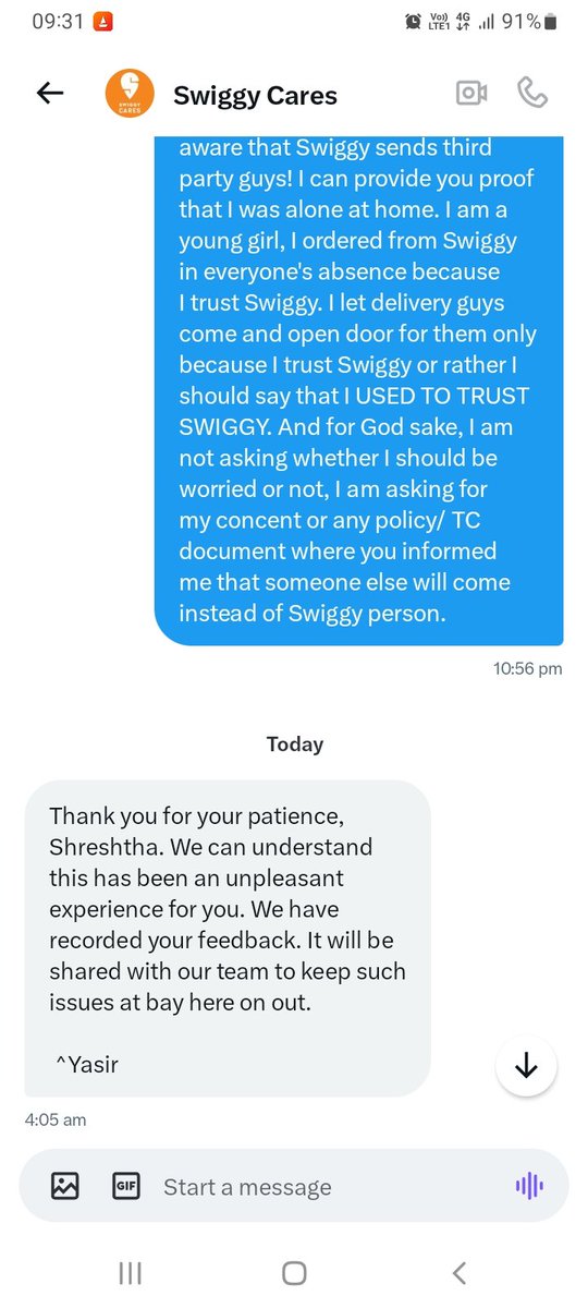 ShreshthaVerma7's tweet photo. @SwiggyCares That's how you responds in DM @Swiggy. You literally closed the conversation without addressing a serious security concern! @SwiggyCares https://t.co/7nAxNDIhYT