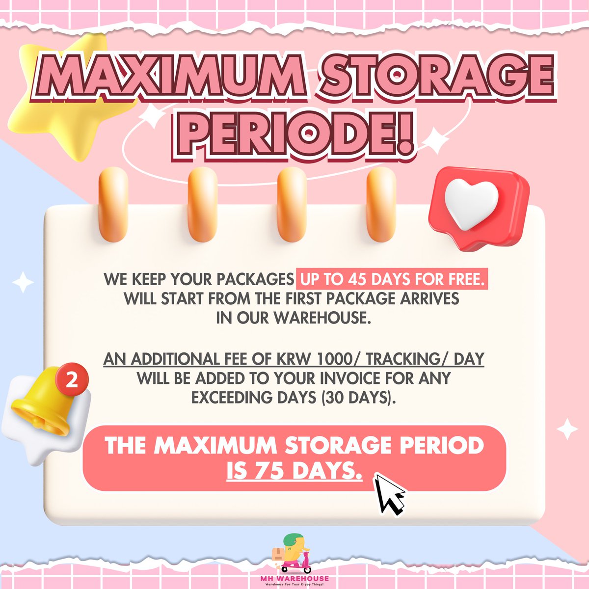 🌟STORAGE PERIOD IN MH WAREHOUSE🌟 Shop as much as you want and send your package to MH Warehouse without worrying about your storage day! 💌kr proxy Korean kaddy address comeback album weverse wts wtb bunjang pasabuy blackpink gojo zona uang straykids bts nct seventeen jjk261