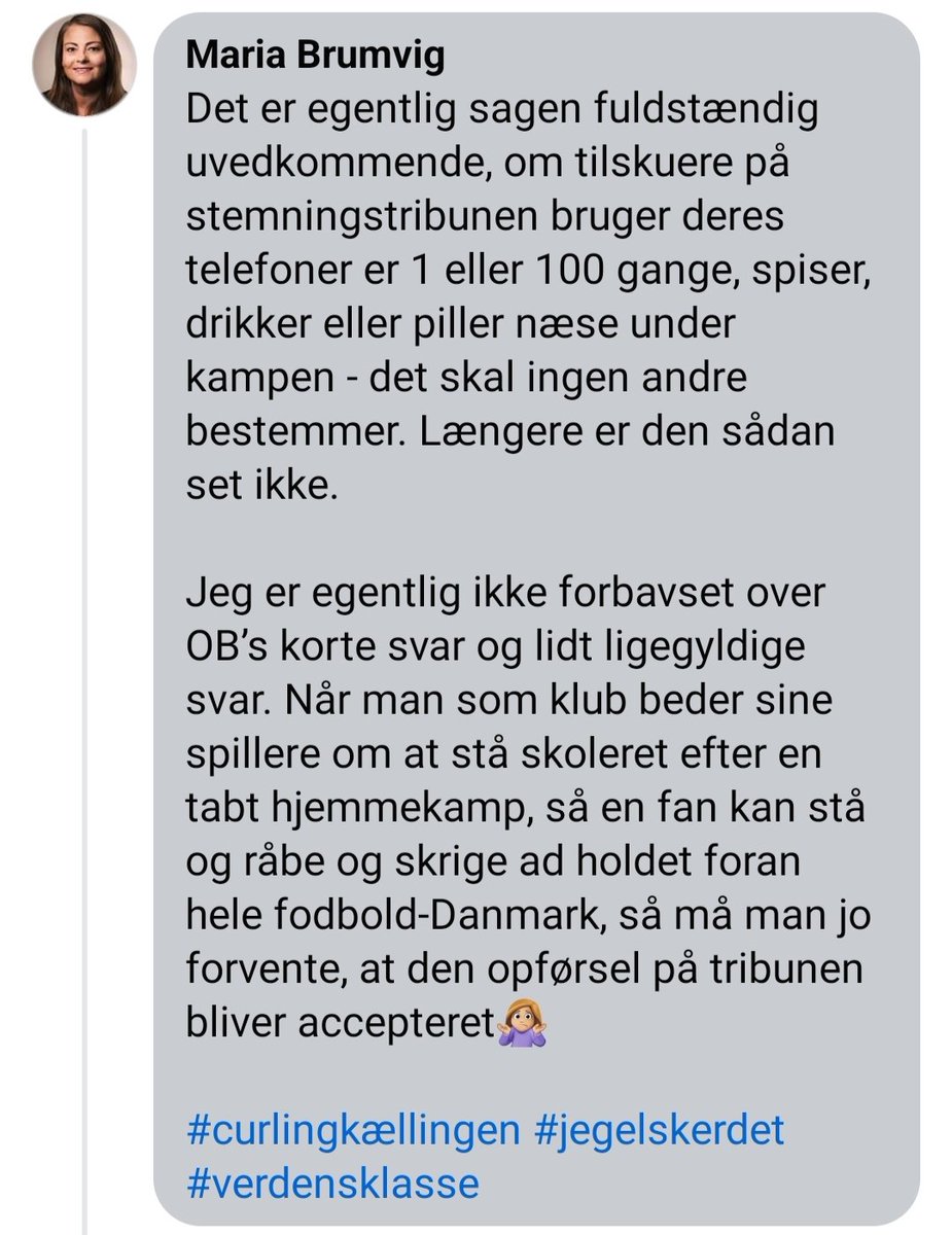 Nej self skal man i princippet ikke bestemme det. Men når man som sagt stiller sig i et stemnings område. Så er der ting der forpligter. Og når man går ind i stemnings området på Odense Stadion er der sgu skilte. 

Nederen at hun bliver ved med at trække offer kortet 

#obdk