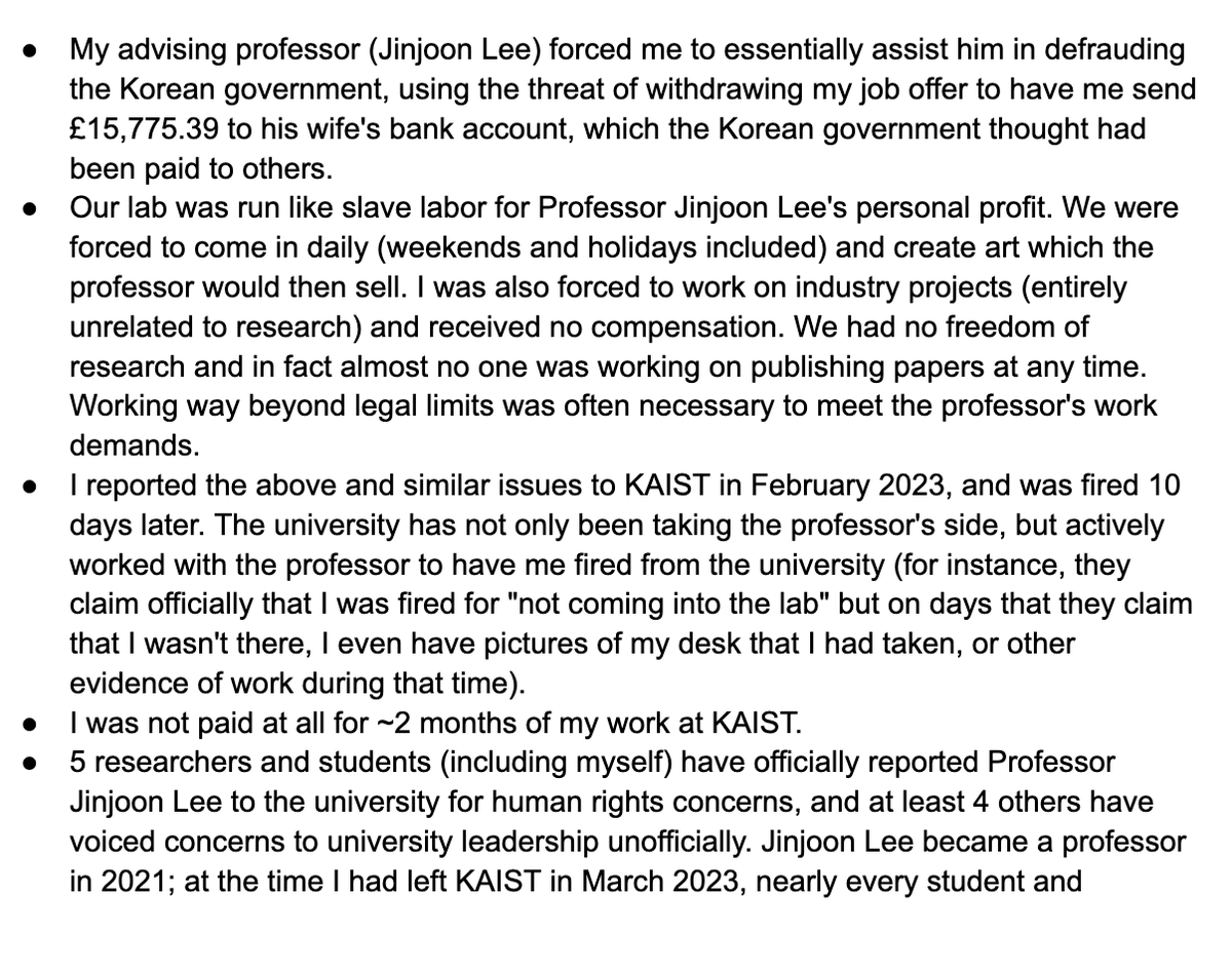 kaist @kaistpr professor jinjoon 'vendetta' lee @jinjoon_lee forced me to send a fairly large sum of money to his wife's bank account, under threat of withdrawing an offer to be a postdoc in his lab. university leadership such as president kwang hyung lee did nothing about this