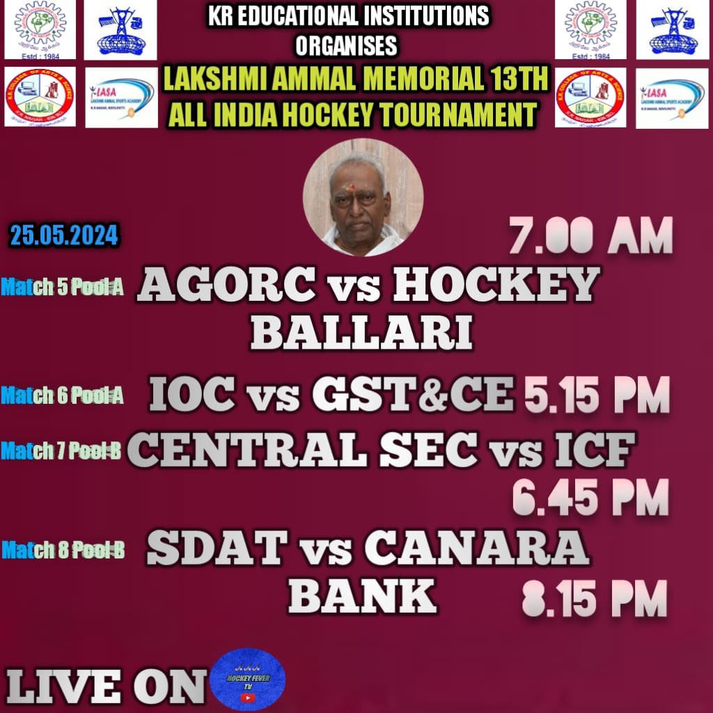 hockeyram's tweet photo. "Here's the lineup! Check out the fixtures for the tournament.
Catch the Live Action on Hockey Fever Tv YouTube Channel
#LAMAIHT #13THLAMAIHT #LAM13THAIHT #Kovilpatti https://t.co/G4jf0b8P5t