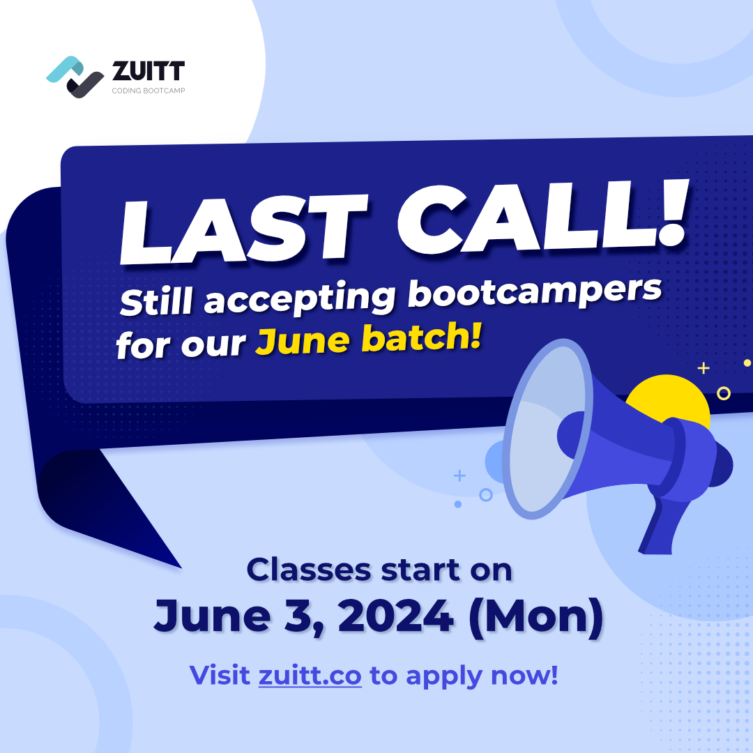 zuittco's tweet image. Calling out all aspiring Web Developers! Slots are still available for our Developer Career Program.
If interested, register using this link: codenow.zuitt.co/LastCallJuneBa…
#ZuittCodingBootcamp #EnrollmentOngoing #WebDevelopment #CodingLife