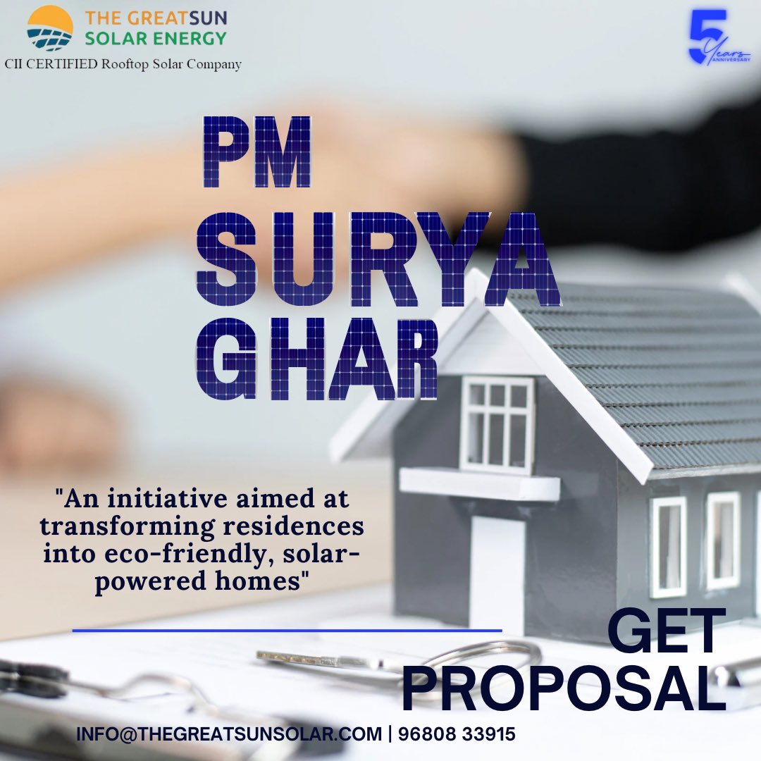 PM Surya Ghar Scheme– an initiative aimed at transforming residences into eco-friendly, solar-powered homes!

Discover at thegreatsunsolar.com 

#GreatSunSolar #Greatsun  #LowerYourElectricBill #PMsuryaGhar #MuftBijliYojana #FreeElectricity #GreenEnergy #Jaipur #GoGreen