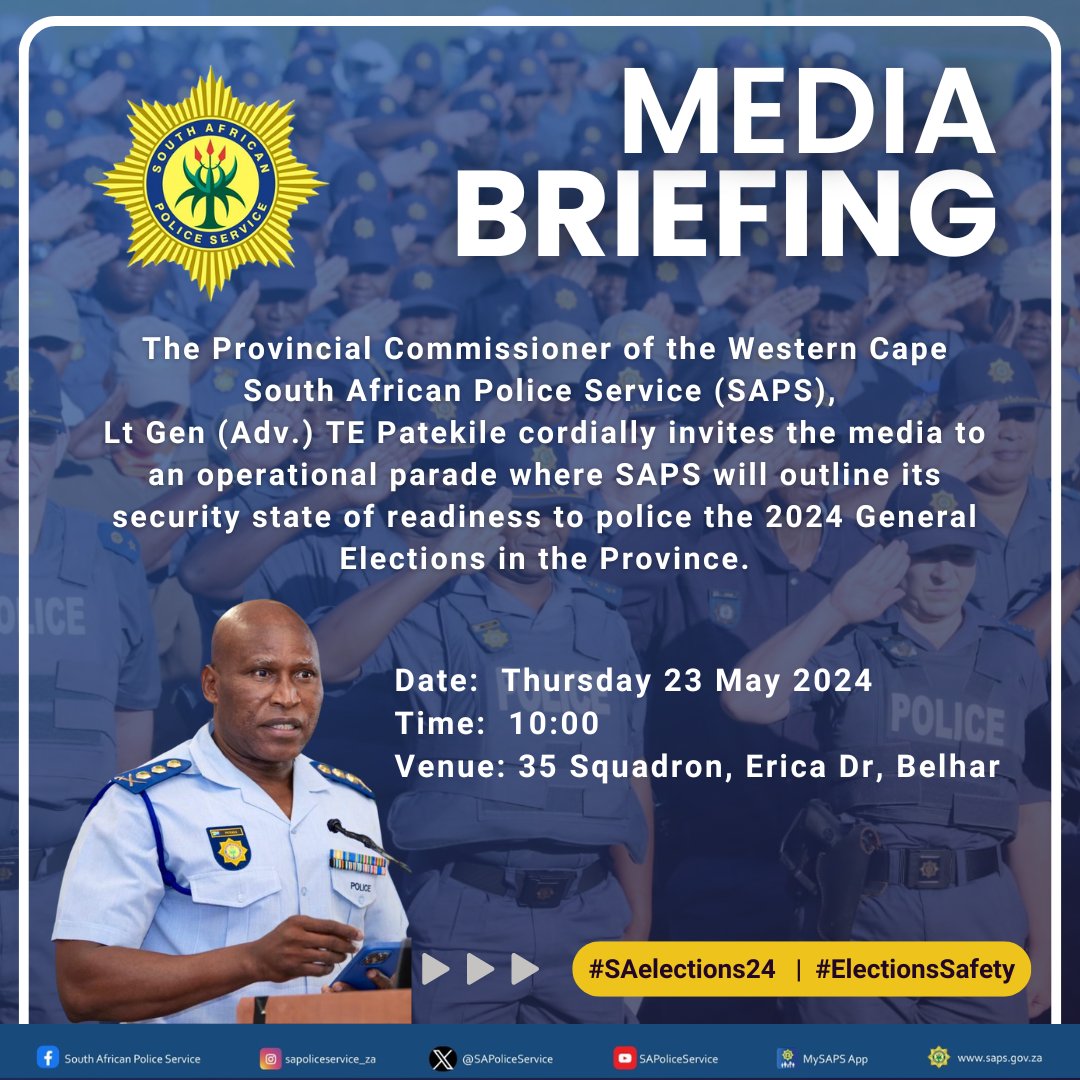 #sapsWC [HAPPENING TODAY] The Provincial Commissioner, Lt Gen Patekile is set to address an operational parade today where #SAPS will outline its security state of readiness to police the #SAelections24 in the Province.  
Date: Thursday 23 May 2024 
Time: 10:00 
Venue: 35