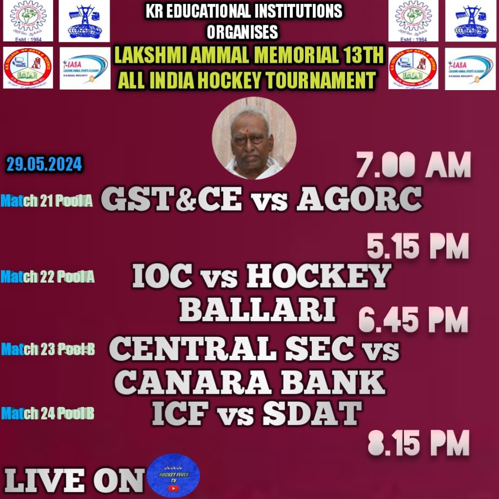 hockeyram's tweet photo. "Here's the lineup! Check out the fixtures for the tournament.
Catch the Live Action on Hockey Fever Tv YouTube Channel
#LAMAIHT #13THLAMAIHT #LAM13THAIHT #Kovilpatti https://t.co/YLorsVKP5f