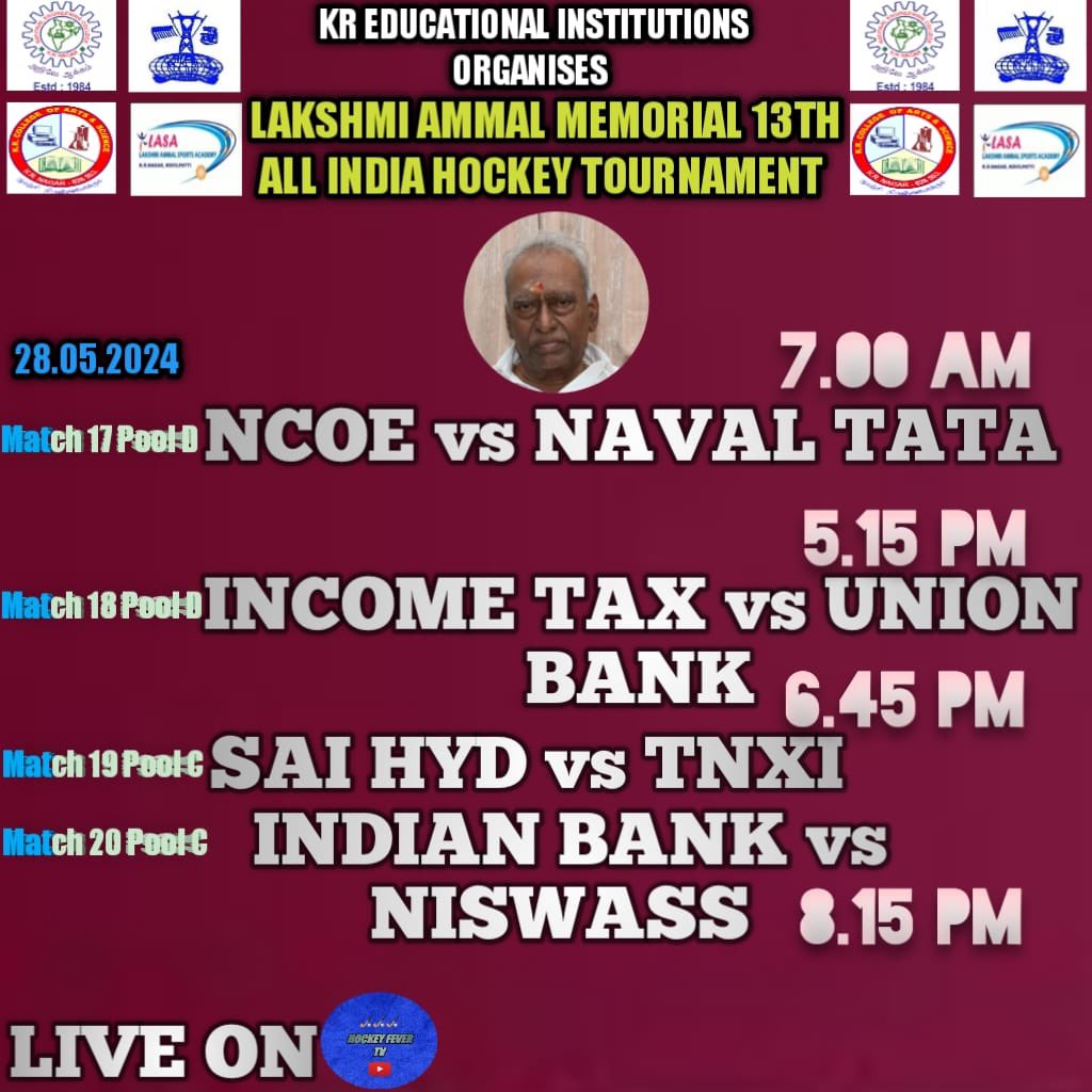 hockeyram's tweet photo. "Here's the lineup! Check out the fixtures for the tournament.
Catch the Live Action on Hockey Fever Tv YouTube Channel
#LAMAIHT #13THLAMAIHT #LAM13THAIHT #Kovilpatti https://t.co/YLorsVKP5f