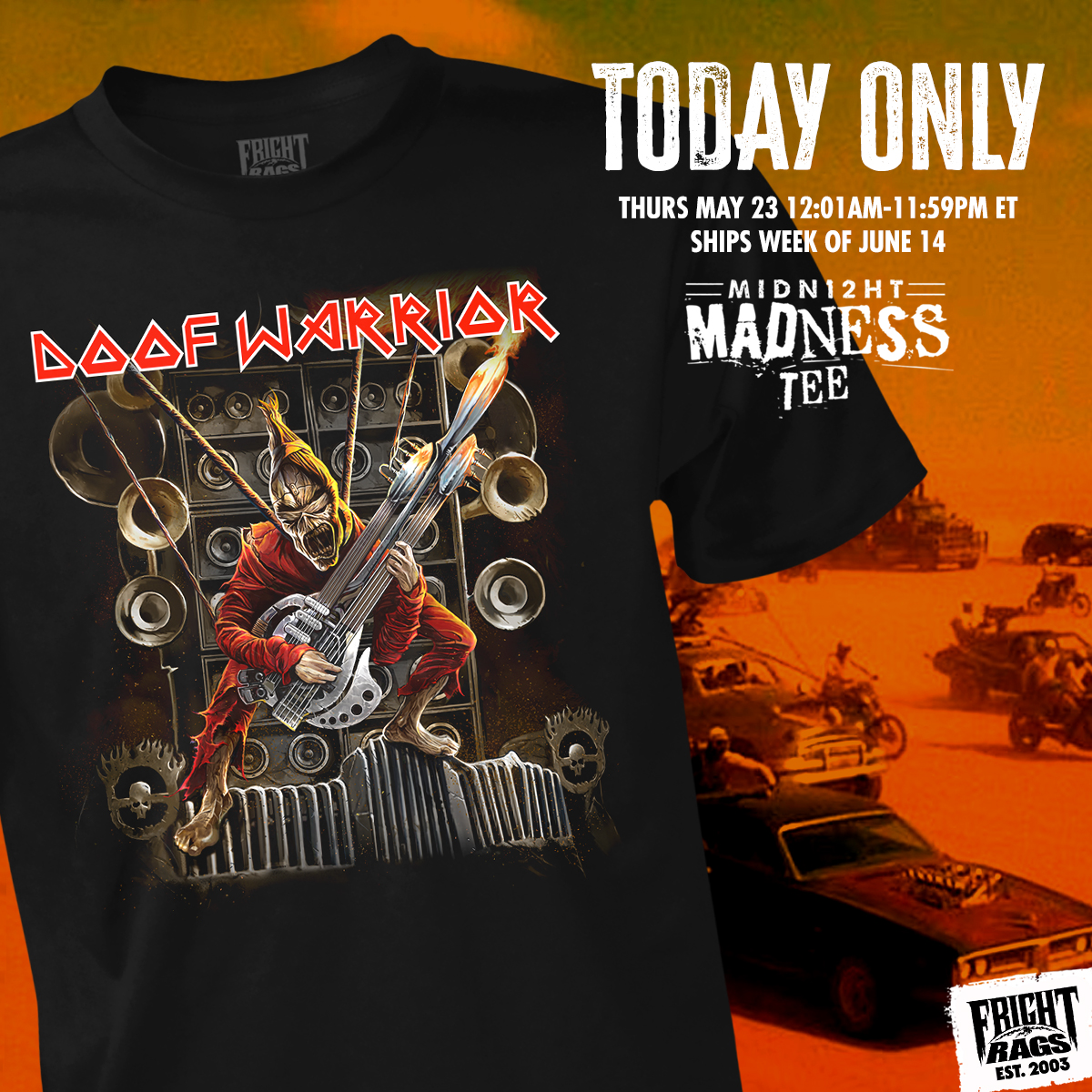 TODAY ONLY! The classic DOOF WARRIOR homage design by artist Abrar Ajmal is back for one day for 25 bucks. Pre-order ends tonight 5/23 11:59pm ET. Ships week of June 14. 👉 SHOP: bit.ly/3QP0dGF