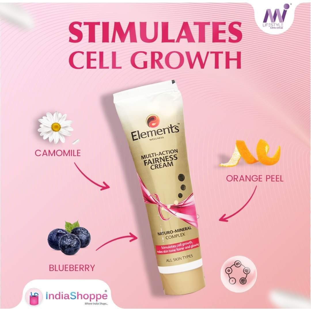 Multi-action cream contains a unique herbal mix of blueberry, chamomile and orange peel extracts that stimulates cell growth, leaving your skin smooth and radiant.

#fairness #fairnesscream #skinglow #brighteningskincare #ElementsWellness #Indiashoppe