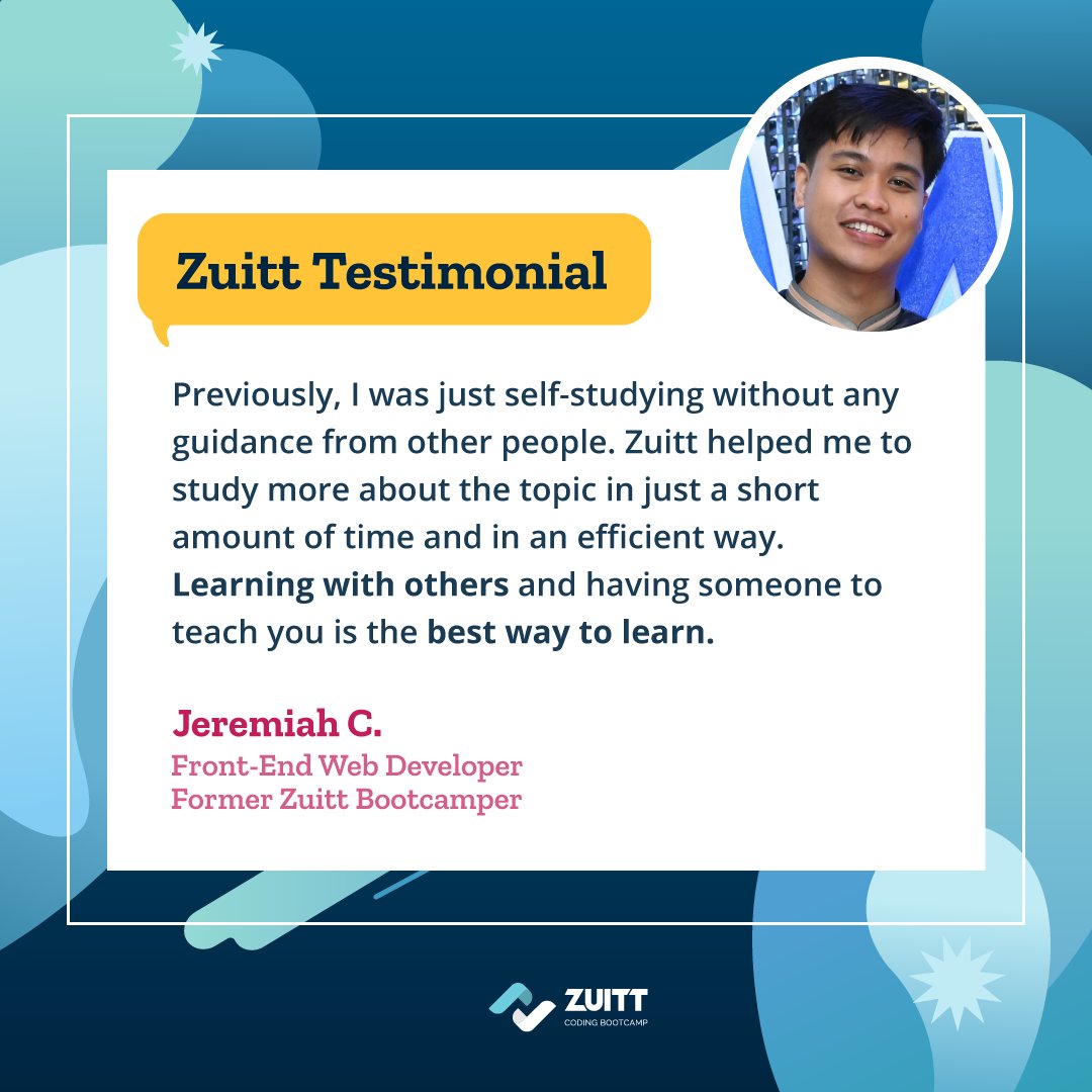 zuittco's tweet image. Just like Jeremiah, you can discover your learning potential with Zuitt.
Enroll here: codenow.zuitt.co/Jeremiah_Testi…
#ZuittCodingBootcamp #ZulitSaZuitt #CodingBootcamp #CodingPH #onlinetraining #coding #techcareer