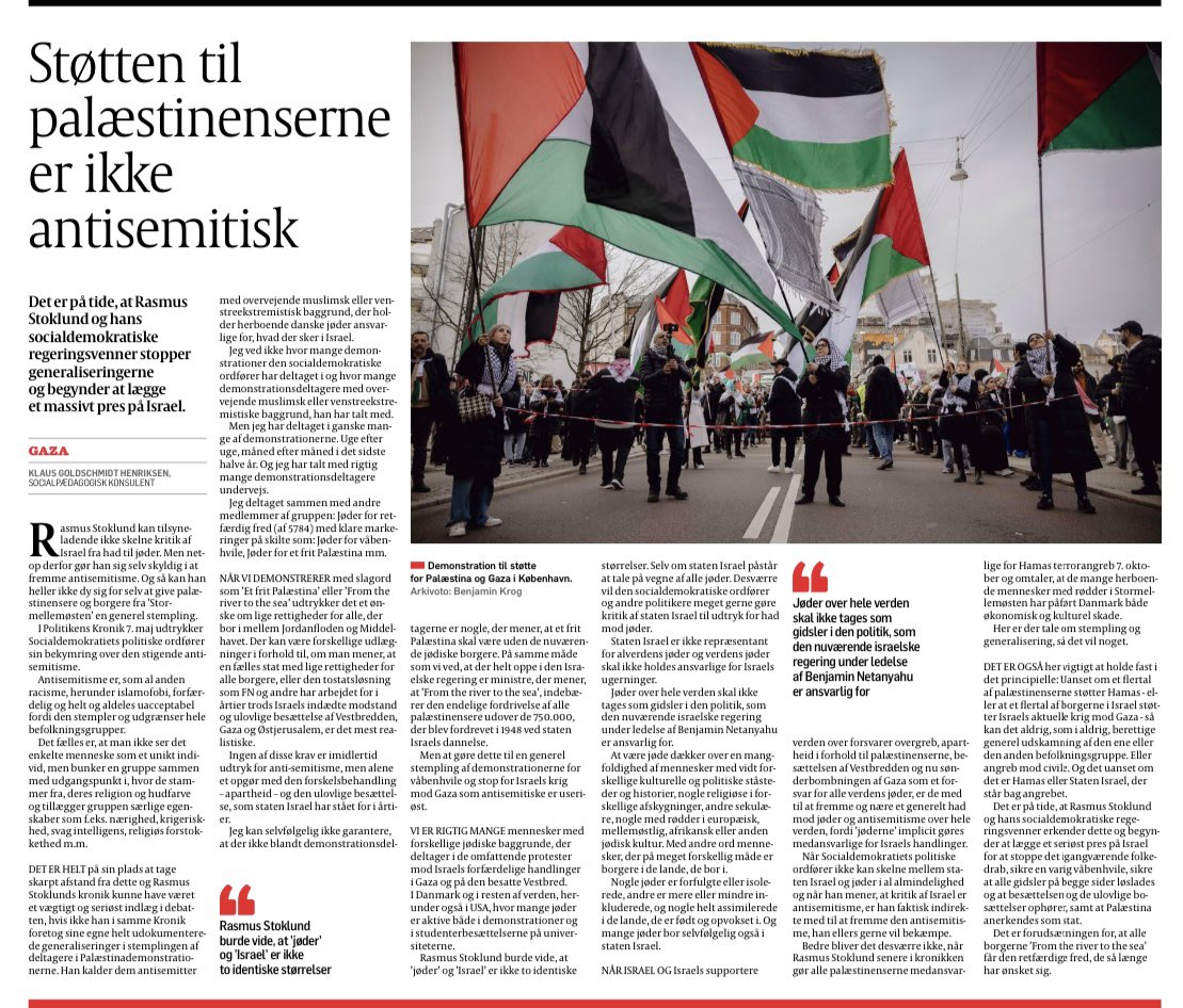 Støtten til palæstinenserne er ikke antisemitisk.

Socialdemokratiets politiske ordfører Rasmus Stoklund kan tilsyneladende ikke skelne kritik af Israel fra 
had til jøder. 

Men netop derfor gør han sig selv skyldig i at fremme 
antisemitisme.