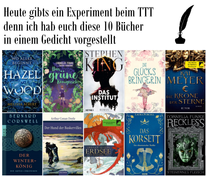 2013welten's tweet photo. Das Thema beim #toptenthursday
Ein Gedicht, in dem 10 Buchtitel vorkommen, da hatte ich etwas zu knabbern, hab es aber geschafft!
Mein Ergebnis könnt ihr euch gerne direkt im Beitrag durchlesen:
https://t.co/Hwlfv073Pj
Ihr seid herzlich eingeladen, bei der Aktion mitzumachen! https://t.co/T3eP983FMb