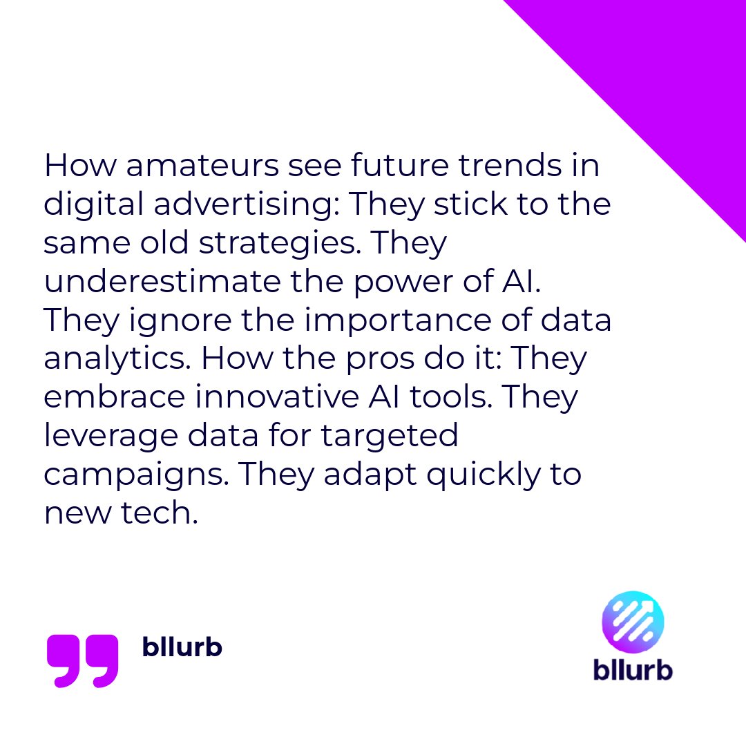 Ready to level up your ad game? 🚀 Pros know the future is AI-powered. 🧠 Be a pro with us! Sign up for bllurb today. 💼 #DigitalAdvertising #FutureOfAds #AI #bllurb #aiads