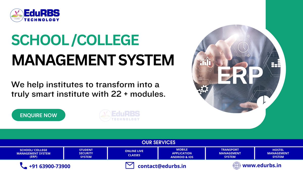SCHOOL MANAGEMENT SYSTEM [ERP]

We help institutes to transform into a truly smart institute with
22 + modules.

#erp #software #business #erpsoftware #technology #erpsystem #erpsolutions #erpsolution #cloud #clouderp #edurbs #varanasi #school