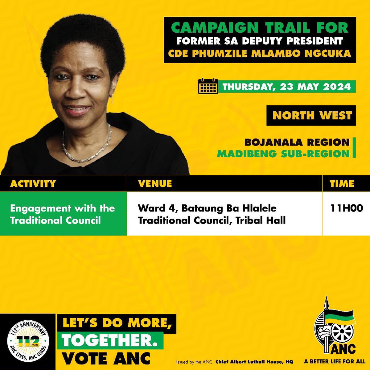 ANC_NorthWest's tweet photo. Former SA Deputy President, Comrade Phumzile Mlambo-Ngcuka embarks on a campaign trail in Bojanala, Ward 4, Madibeng subregion. 

#VOTEANC2024
#letsdomoredotogether
#SiyanqobaRally https://t.co/11hQFzfpDY