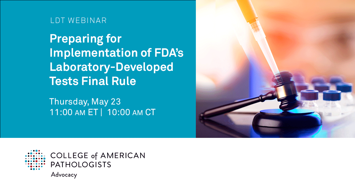 Don't miss this webinar TODAY, May 23 at 10 am CDT from the College of American Pathologists on FDA's Final Rule for Laboratory-Developed tests. 
Register here: cap-org.zoom.us/webinar/regist…