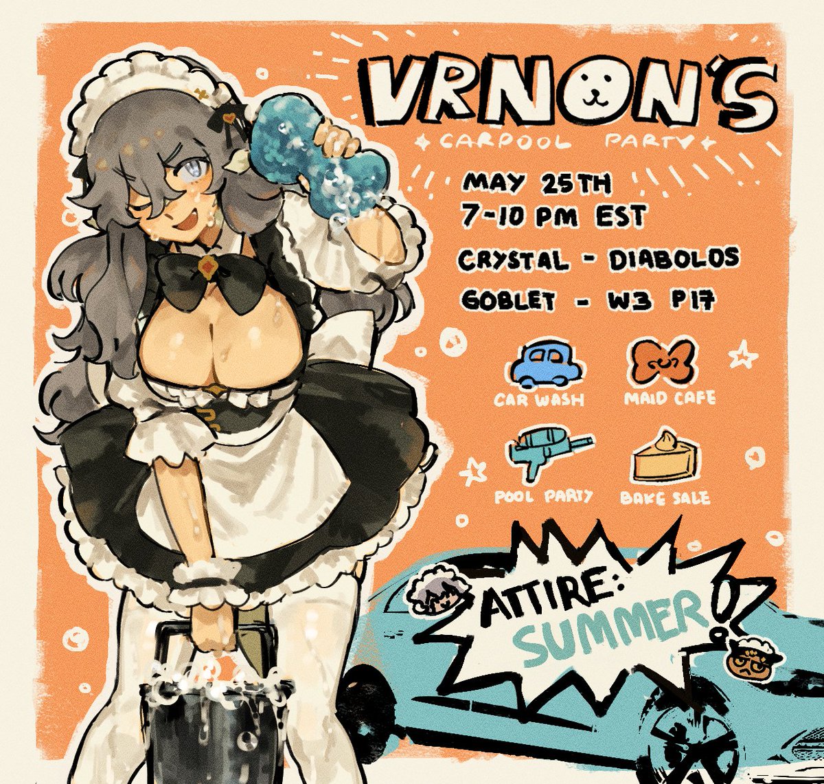 hey cuties....🩷 wanna get down and get your car WASHED with some lovely maids? want a sweet baked treat while you're at it.....? 🩷

wale come on over!!!1!! 🧼🫧

when: may 25th @ 7-10pm est 
where: diabolos goblet w3p17 
theme: summer pool party
tags: #carpoolartparty #VRNONFC