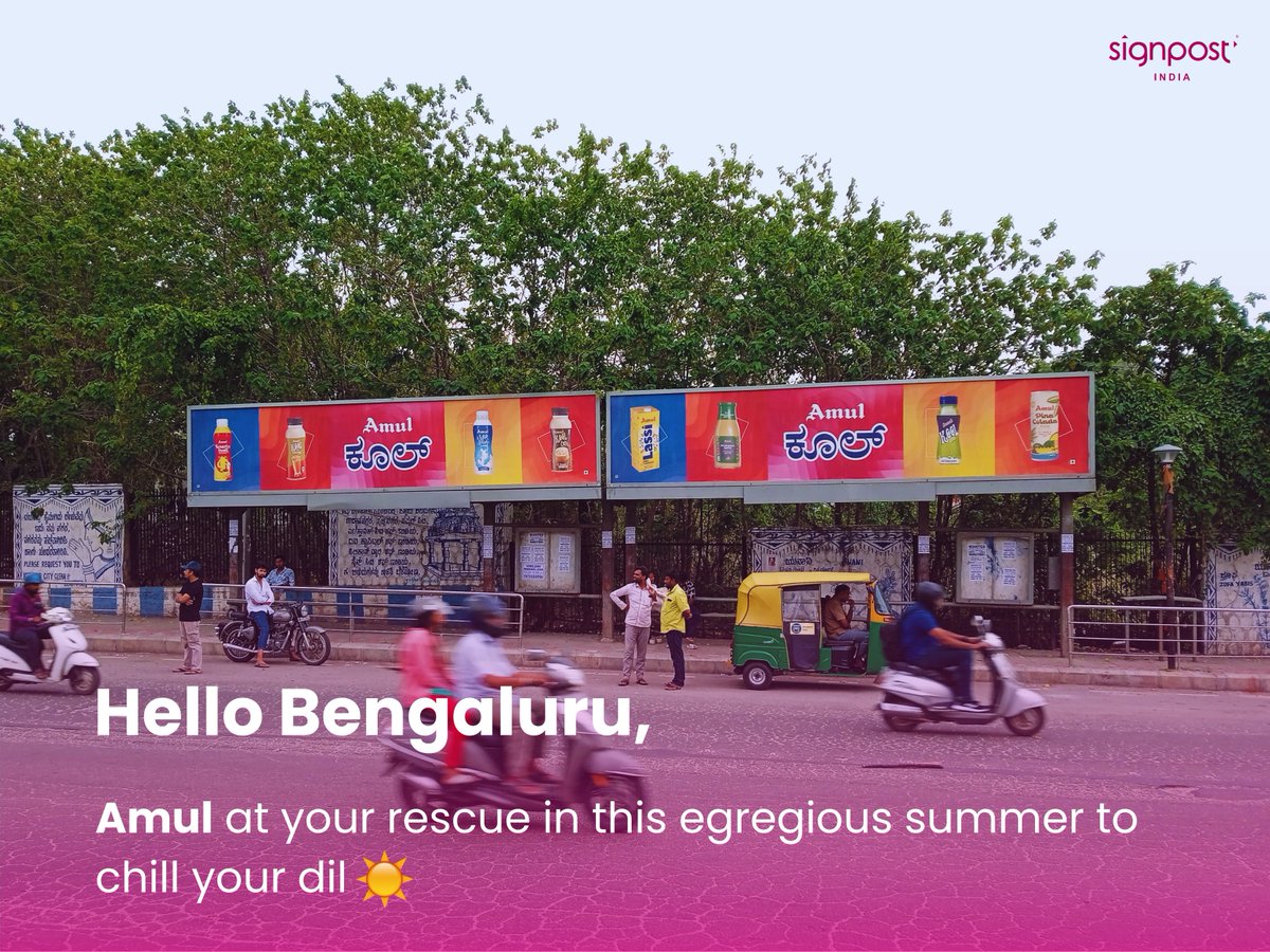 SignpostIndiaHQ's tweet photo. Amul at your rescue in this egregious summer to chill your dil, now in Bangalore. Once again standing out on our media assets with their transcendent approach to steal a little portion of your heart (1/2)
#amul #india #dairy #advertising #bangalore #signpostindia #SIGNSOFTomorrow https://t.co/St1s4FkUGe