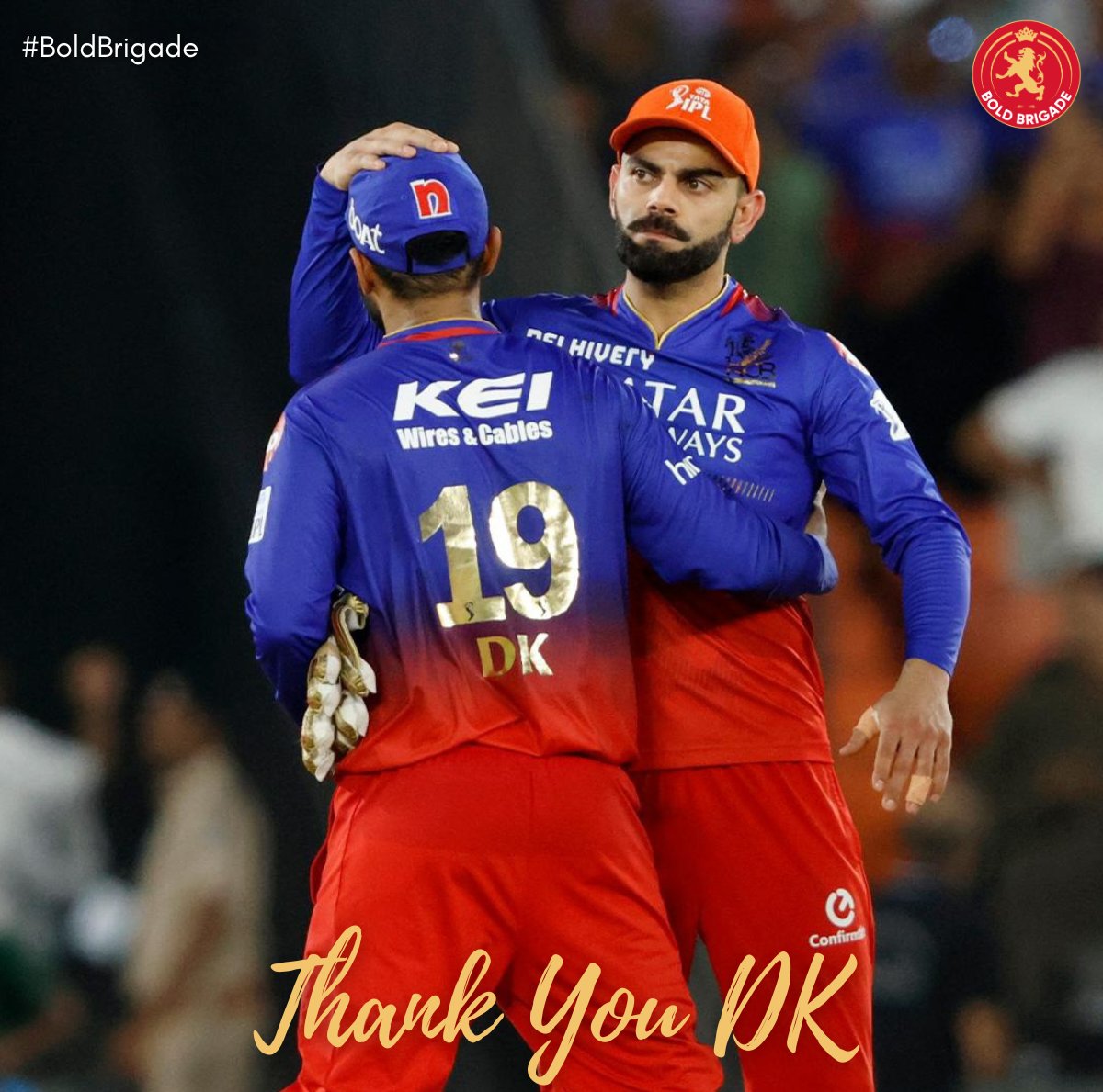 𝐁𝐎𝐋𝐃 𝐅𝐀𝐑𝐄𝐖𝐄𝐋𝐋 👋 Happy retirement @DineshKarthik Boss, wishing you all the best for future endeavors! ❤️ @RCBTweets • #RCB • #BoldBrigade