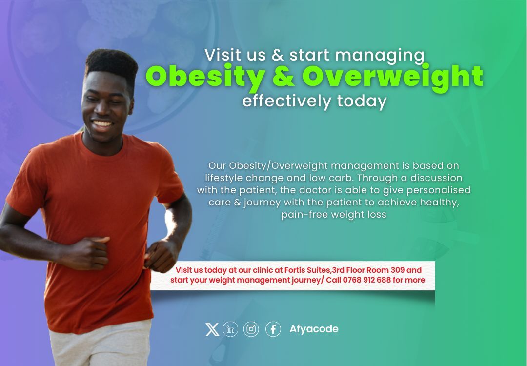 afyacode's tweet photo. Let us help you effectively manage obesity &amp; overweight today!

Visit our clinic today or call 0768 912 688 to schedule an appointment with a doctor
#Afyacode #Obesity #Overweight https://t.co/lLrjWlgxaI